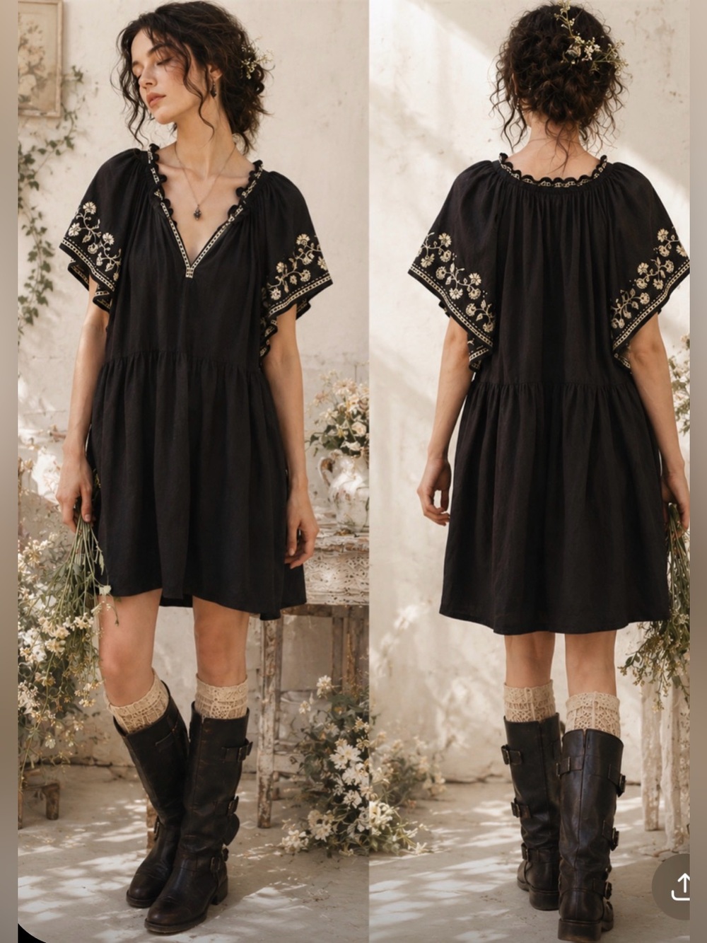 Black Artsy Peasant Embroidered Dark Cottagecore Flutter Sleeve Dress Size XL